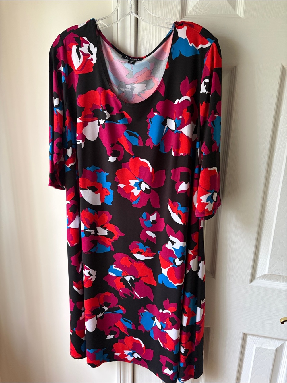 Roz & Ali Black Midi Dress with Red, Magenta & Blue Floral Print
